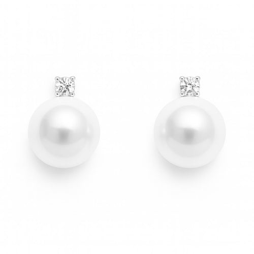 עגילי פנינה צמודים עם יהלום בזהב לבן למראה יוקרתי ועדין